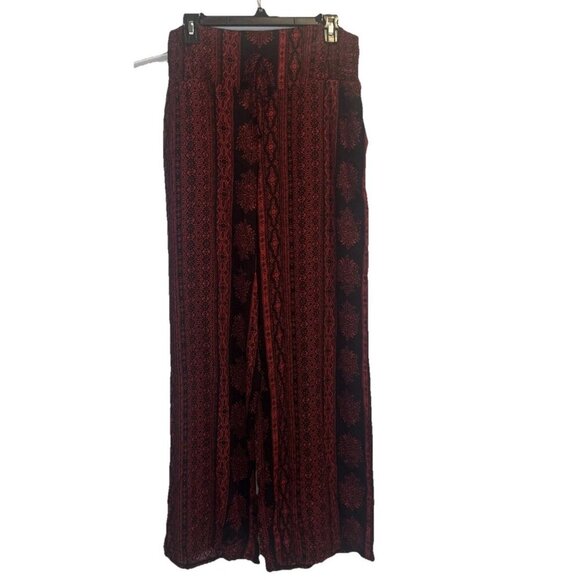 Peace & Pearls Pants - Peace & Pearls Red Black Patterned Wide Leg Soft Pants Elastic Waist-Sz S NEW